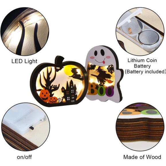 2pcs Lighted Wooden Pumpkin Lanterns - Halloween Tabletop Ghost Lamp Decoration - Picture 6 of 8